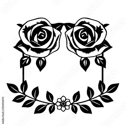Intricate floral rose frame in black and white on white background.