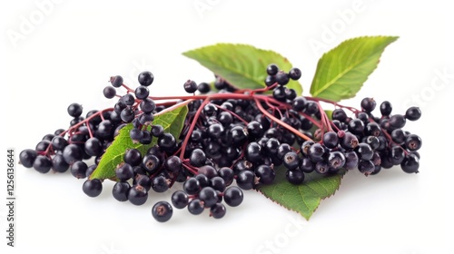 A branch of black elderberry with ripe berries and green leaves on a white background, showcasing its natural beauty and vibrant colors. Perfect for botanical, culinary, or organic themes