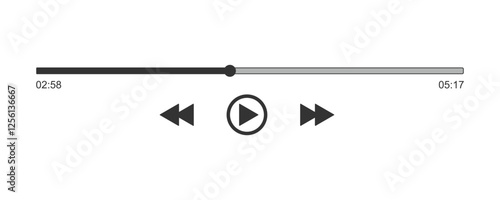 Progress loading bar of audio or video player with time slider, pause, rewind and fast forward buttons. Outline template of media player playback panel interface