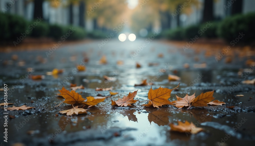 Wet sidewalk covered with orange leaves, autumn mood, urban scenery Wet sidewalk covered with orange leaves, autumn mood, urban scenery