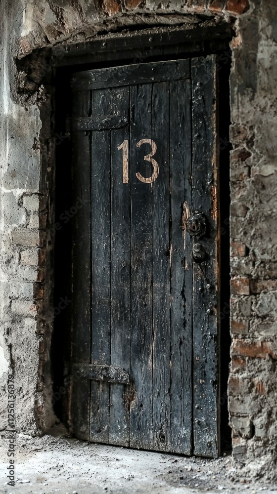 Dark Weathered Door with Number 13 in Abandoned Building Setting Dark Weathered Door with Number 13 in Abandoned Building Setting