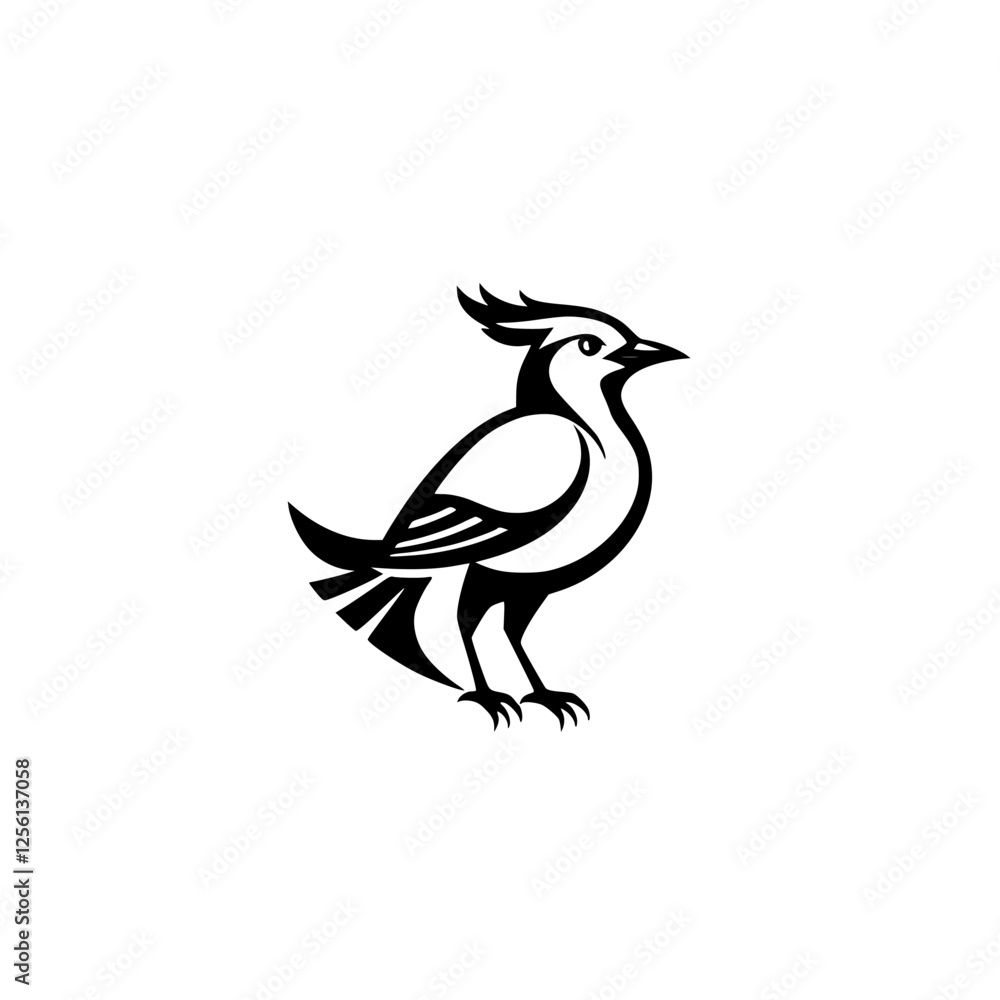 A minimalist, black-and-white illustration of a bird with a crest standing on a clean white background, depicting a clean and simple design. A minimalist, black-and-white illustration of a bird with a crest standing on a clean white background, depicting a clean and simple design.