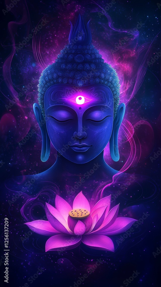 Close-Up Buddha with Third Eye in a Mystical Lotus Realm Close-Up Buddha with Third Eye in a Mystical Lotus Realm