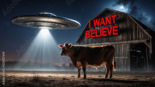 Mysterious night above a barn with an alien spacecraft and a curious cow under the glow of a bright beam of light