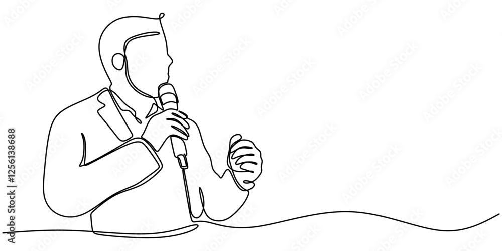 Person speaking into a microphone in a continuous line drawing. Represents public speaking, media, or presentation. Person speaking into a microphone in a continuous line drawing. Represents public speaking, media, or presentation.