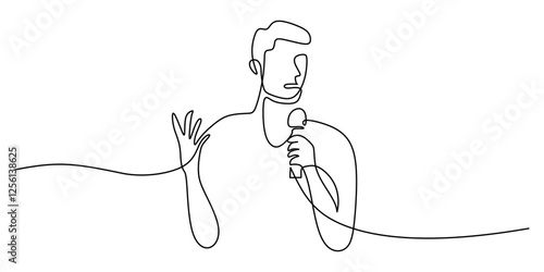 Person speaking into a microphone in a continuous line drawing. Represents presentation, public speaking, or voice communication.