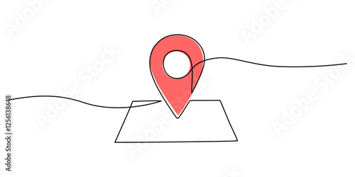 Symbol of map online on paper in continuous one line drawing. Represents navigation, travel planning, or location search.