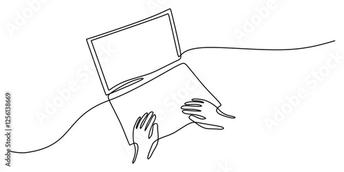 Single line drawing of a person holding a laptop. Represents online work, innovation, or modern connectivity.