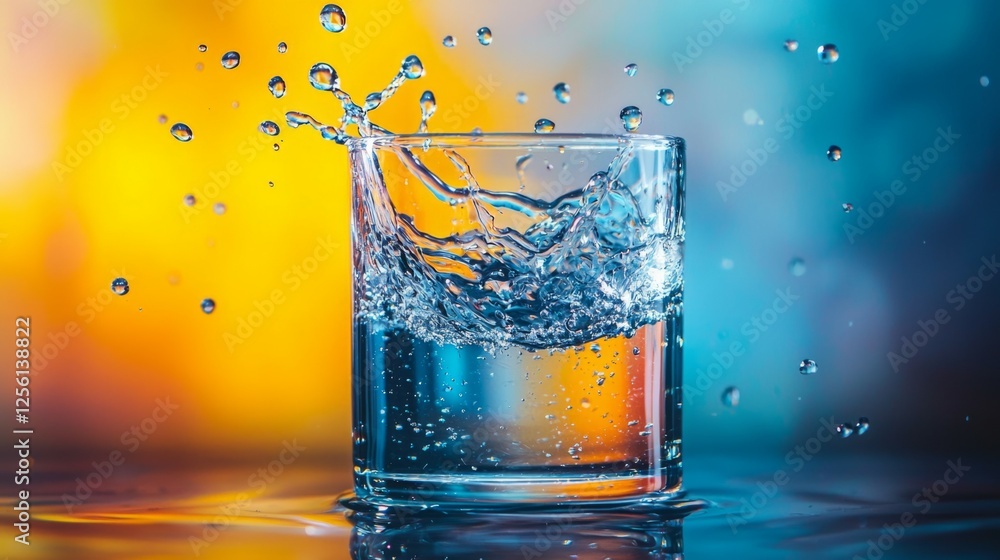 Splashing Water in Glass with Colorful Background Illumination Splashing Water in Glass with Colorful Background Illumination