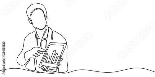 Person pointing at a graph on a tablet in continuous one line drawing. Represents data analysis, strategy, or business planning.