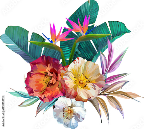 Bouquet of tropical flowers. Hibiscus, paradise flowers. exotic, tropical