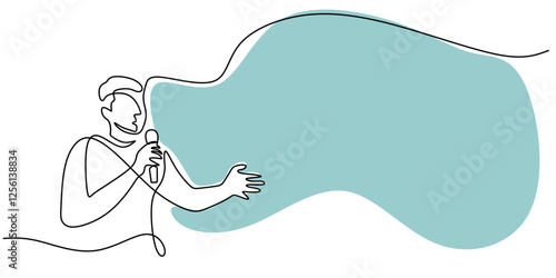 Person speaking into a microphone in a continuous line drawing. Represents public speaking, media, or presentation.