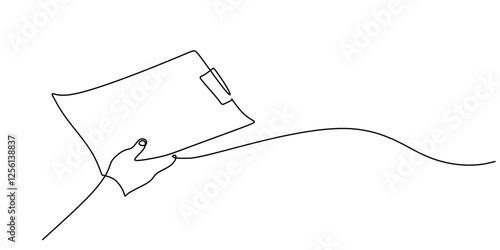 Hand holding a document in continuous one line drawing. Symbol of business reports, contracts, or paperwork.