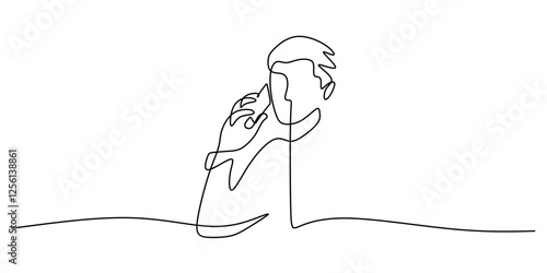 Single line drawing of a person using a smartphone. Represents connection, technology, and conversation.