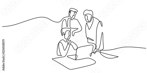Person sitting at a desk with papers in continuous one line drawing. Symbolizes planning, administration, or office work.