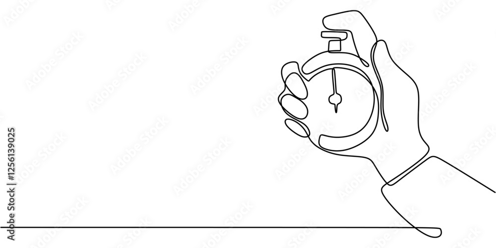 Fototapeta premium Continuous line drawing of a hand holding a stopwatch. Represents timing, sports events, and performance tracking.