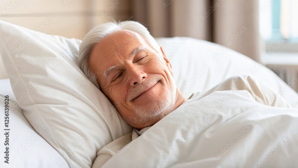 Peaceful Older Man Sleeping in Comfortable Bed with Soft Bedding and Calm Atmosphere Peaceful Older Man Sleeping in Comfortable Bed with Soft Bedding and Calm Atmosphere