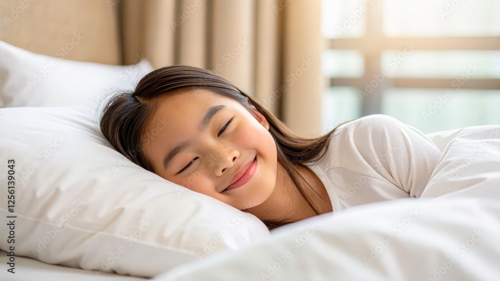 Happy Girl Smiling While Sleeping on Soft Pillows in Cozy Bedroom Atmosphere Happy Girl Smiling While Sleeping on Soft Pillows in Cozy Bedroom Atmosphere