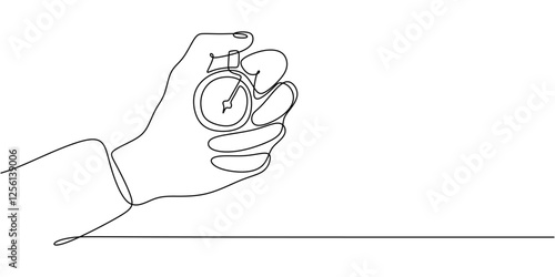 Stopwatch in hand in continuous one line drawing. Symbol of time management, racing, and countdown.