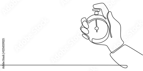 Continuous line drawing of a hand holding a stopwatch. Represents timing, sports events, and performance tracking.