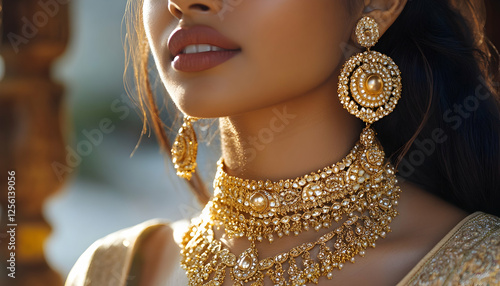 An Indian woman wearing gold jewelry for her wedding, traditional Pakistani/Bangladeshi wedding bride jewelry