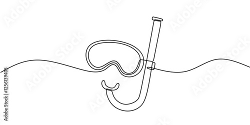 Diving mask with snorkel in continuous line drawing. Minimalist design representing underwater exploration, swimming, and scuba diving.