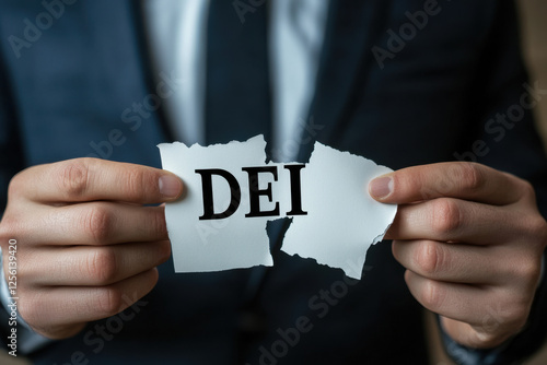 close up businessman tearing apart in half a rectangular piece of paper with bold text 