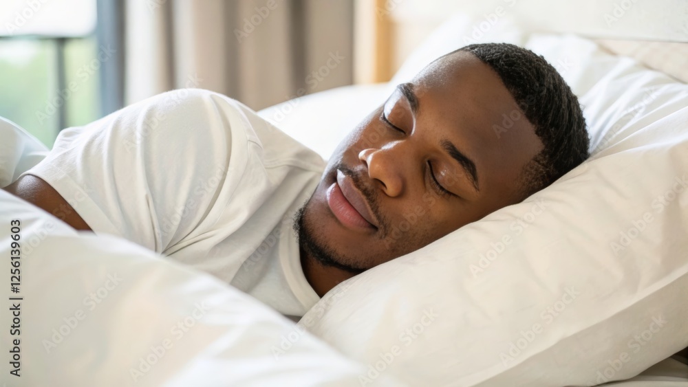Peaceful Young Man Enjoying Deep Sleep in Cozy Bedroom with Soft Pillows and Natural Light Peaceful Young Man Enjoying Deep Sleep in Cozy Bedroom with Soft Pillows and Natural Light