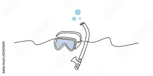Snorkeling gear drawn in a single continuous line. Concept of ocean exploration, scuba diving, and aquatic sports.