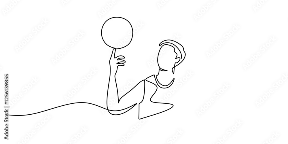 Hand spinning a basketball on an index finger in continuous line drawing. Symbol of skill, control, and freestyle tricks. Hand spinning a basketball on an index finger in continuous line drawing. Symbol of skill, control, and freestyle tricks.