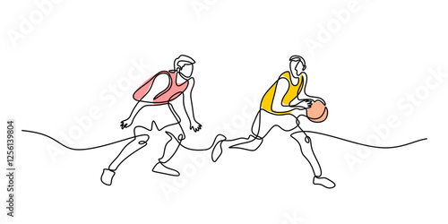 Continuous one line drawing of a basketball player dribbling. Representation of speed, agility, and sports action.