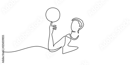Hand spinning a basketball on an index finger in continuous line drawing. Symbol of skill, control, and freestyle tricks.
