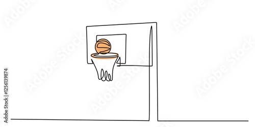 Continuous one line drawing of a basketball hoop and ball. Concept of shooting, sportsmanship, and victory.