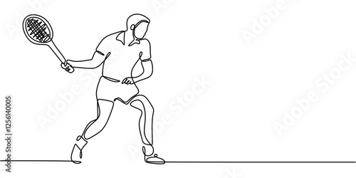 Tennis player swinging a racket in continuous line drawing. Elegant depiction of a powerful stroke in a tennis match.