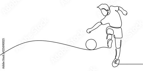 Continuous one line drawing of a soccer player kicking a ball. Symbol of teamwork, agility, and sportsmanship.