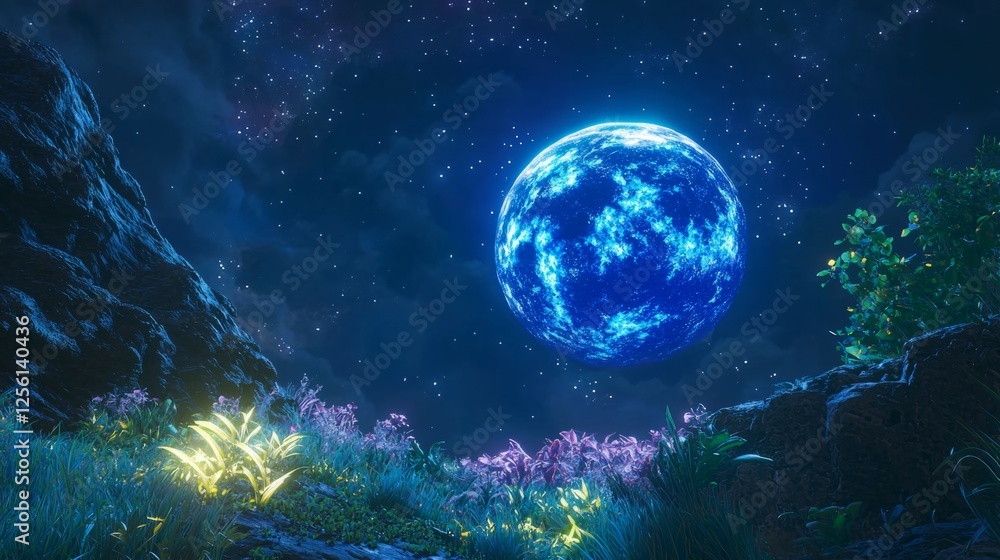 Fototapeta premium Ethereal Night Sky with Glowing Moon and Luminous Flora