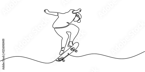 Skater performing a trick on a skateboard in continuous line drawing. Symbol of creativity, balance, and urban freestyle sports.