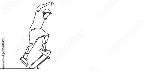 Continuous one line drawing of a skateboarder executing a mid-air trick. Representation of agility, street culture, and extreme sports.