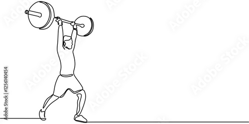 Continuous one line drawing of a weightlifter lifting a heavy barbell. Representation of discipline, power, and competitive fitness.