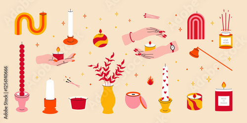 Various cartoon candles. Abstract candle set different shapes, doodle aromatic candlesticks icons for spa and meditation, romantic candlelight interior decor. Vector collection