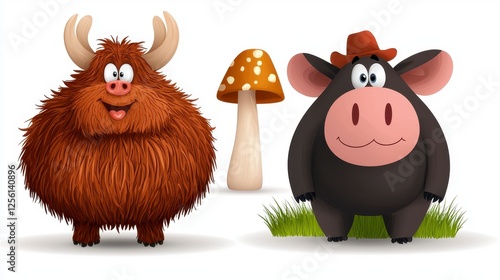 Cartoon Creatures With Mushroom And Grass photo