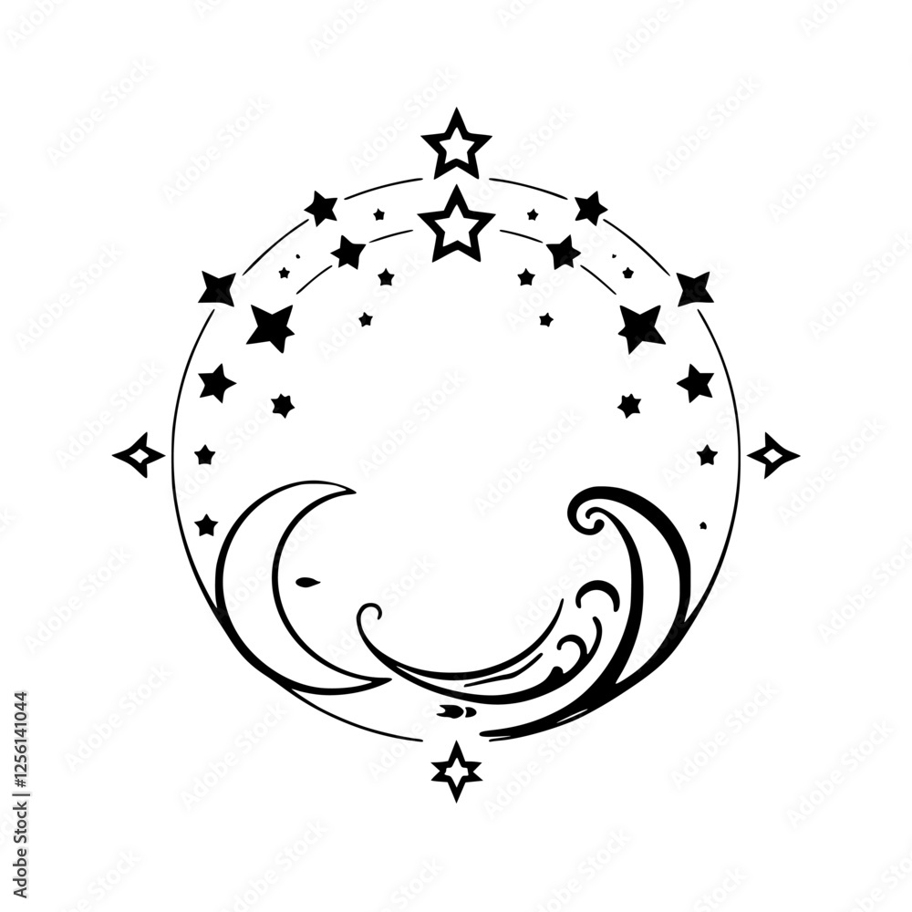 Celestial Embrace: A minimal vector illustration showcasing the moon and stars.