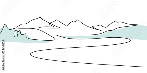 Continuous one line drawing of mountains with dense forest. Symbol of eco-tourism, trekking, and nature conservation.