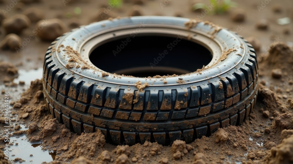 A weathered tire lies partially submerged in rich, dark soil, speckled with mud and small clumps of earth, suggesting a scene of outdoor work or play. A weathered tire lies partially submerged in rich, dark soil, speckled with mud and small clumps of earth, suggesting a scene of outdoor work or play.