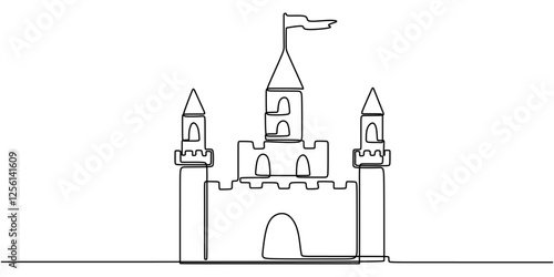 Minimalist castle illustration in a single line. Depiction of fortresses, historical landmarks, and magical stories.