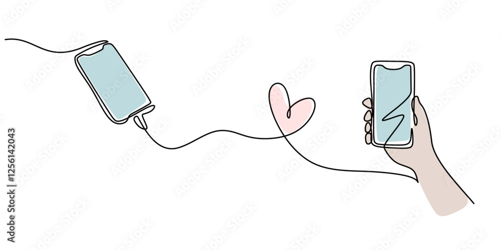 Obraz premium Continuous one line drawing of two mobile phones linked by a cable shaping a heart. Representation of love, connection, and digital communication.