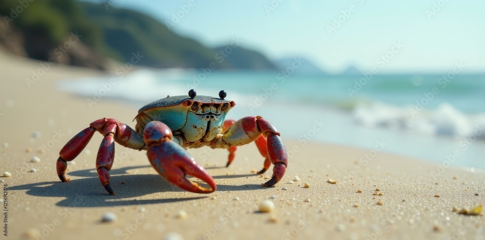 Vibrant Coastal Crab on Sunny Beach Sand, showcasing its intricate shell and powerful claws, near gentle ocean waves Vibrant Coastal Crab on Sunny Beach Sand, showcasing its intricate shell and powerful claws, near gentle ocean waves