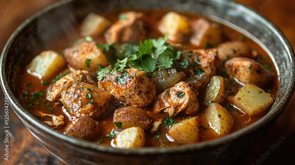 Spicy chicken and potato stew in a bowl on a wooden table Spicy chicken and potato stew in a bowl on a wooden table