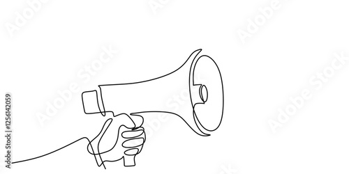 Continuous one line drawing of hands gripping a megaphone emitting sound waves. Representation of advocacy, announcements, and media influence.