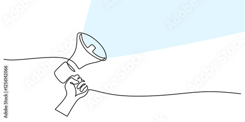 Hands holding a megaphone with sound waves in continuous line drawing. Symbol of broadcasting, public speaking, and spreading information. photo